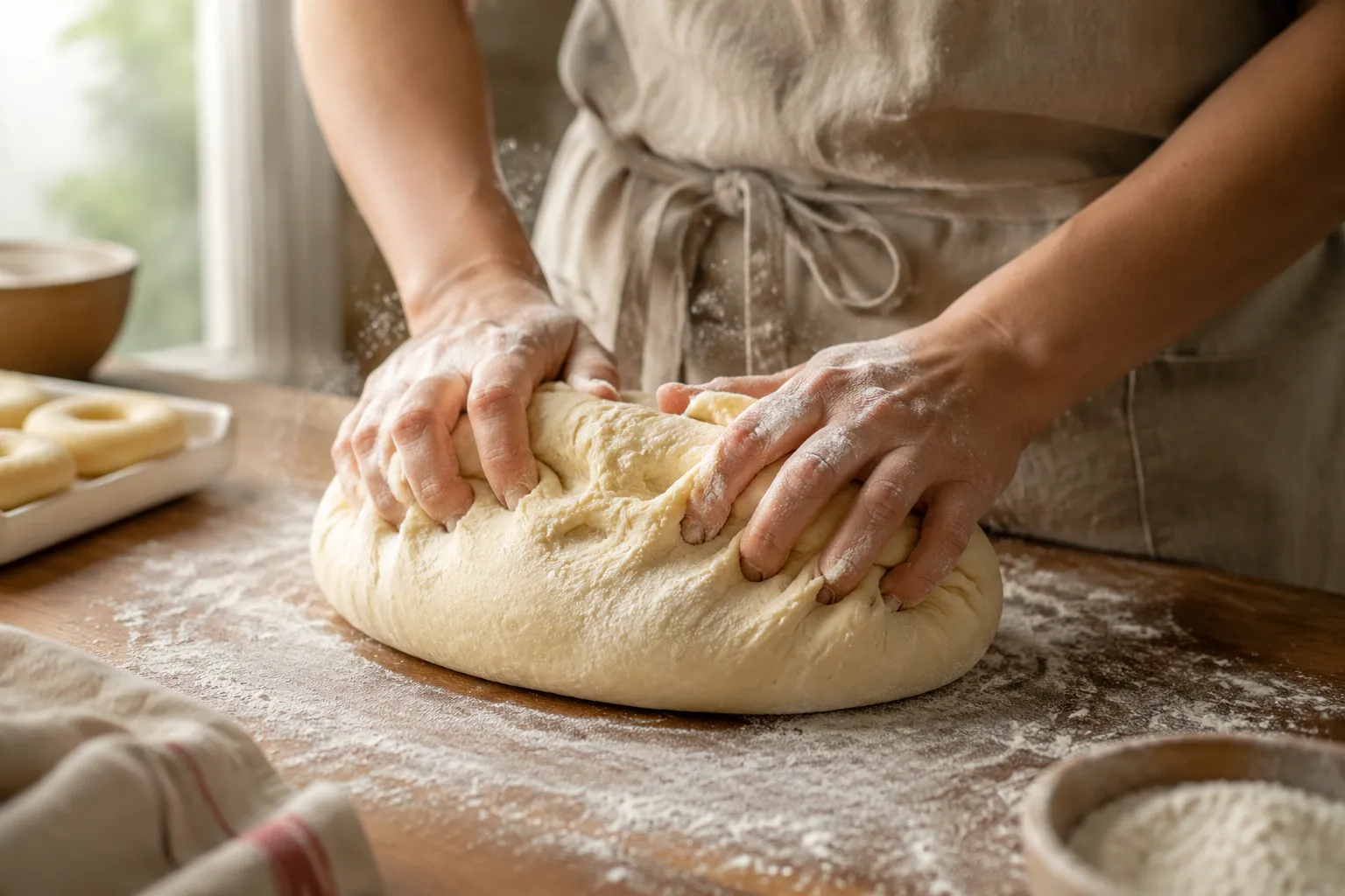 Kneading homemade donut dough on floured wooden surface