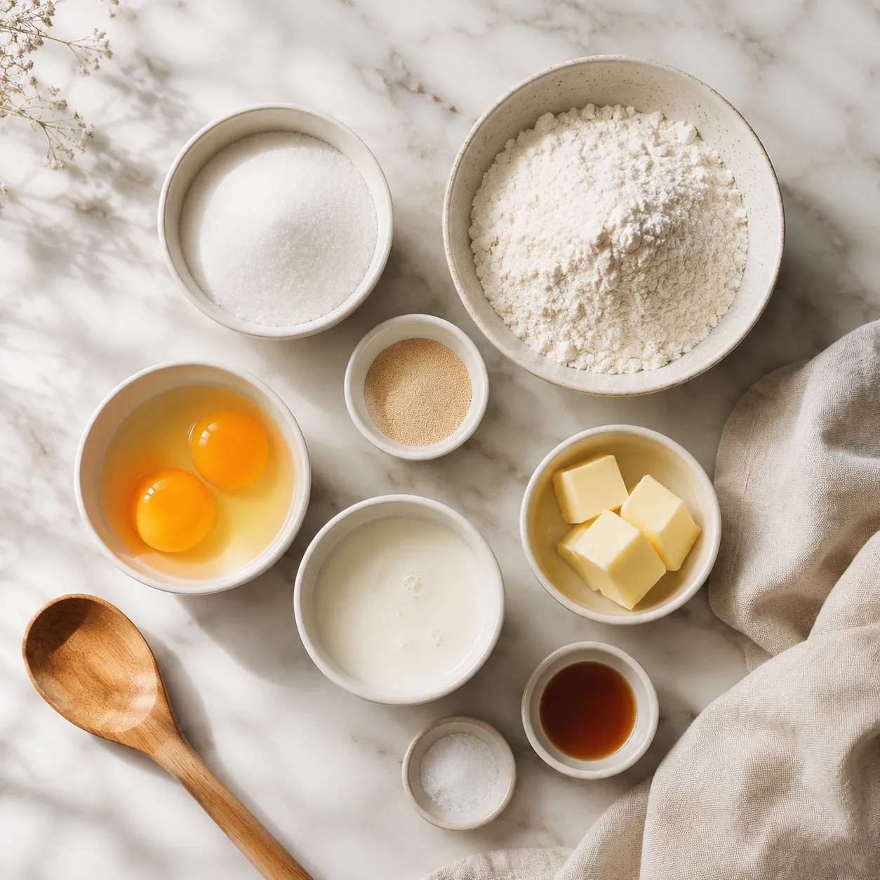 Donut recipe ingredients flatlay with flour, yeast, eggs, milk, and butter