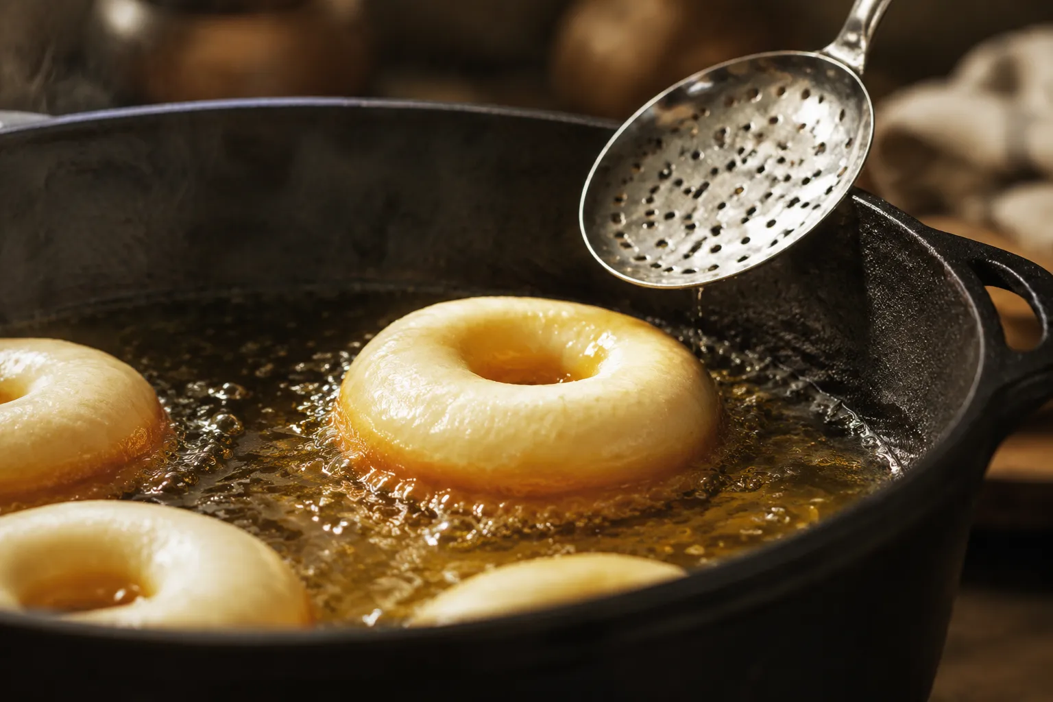 Homemade donuts frying golden brown in hot oil