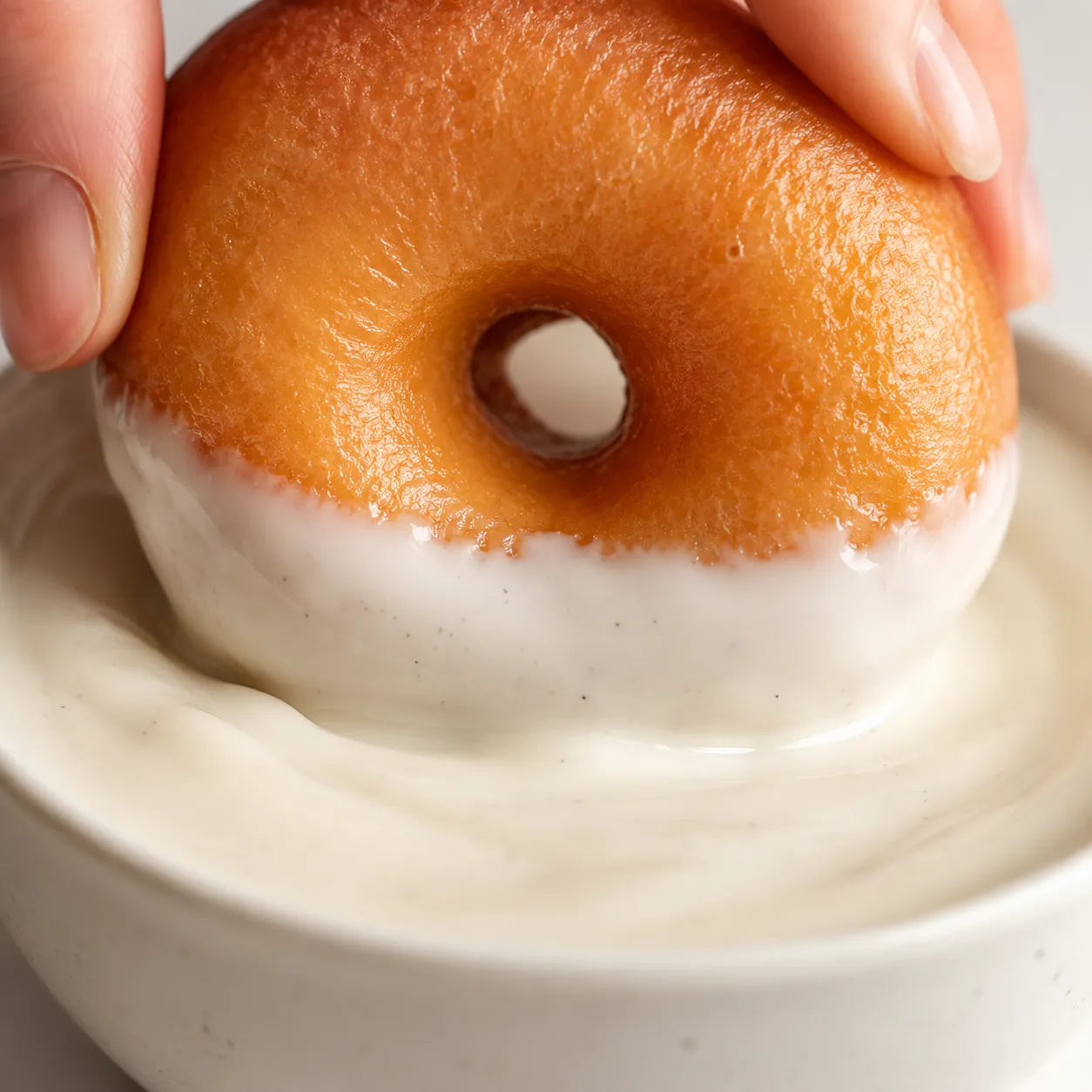 Donut being dipped in vanilla glaze close-up