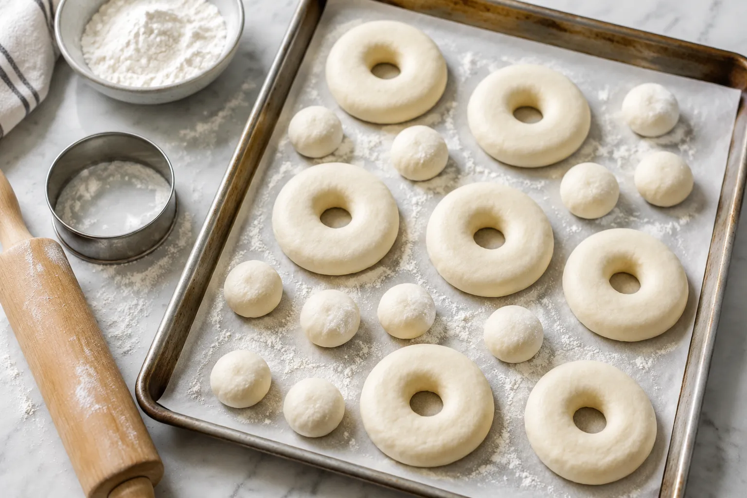 Cut donut dough rounds resting on parchment before frying