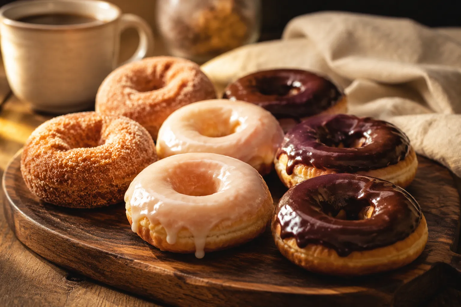 Finished donut recipe with vanilla, chocolate, and cinnamon sugar