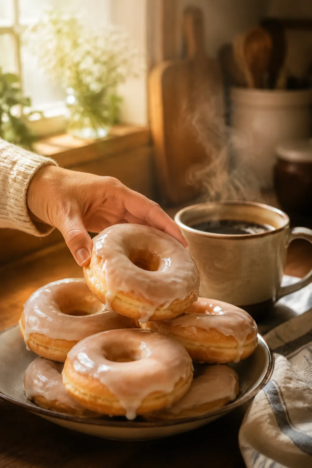 Hand holding glazed donut with coffee in background