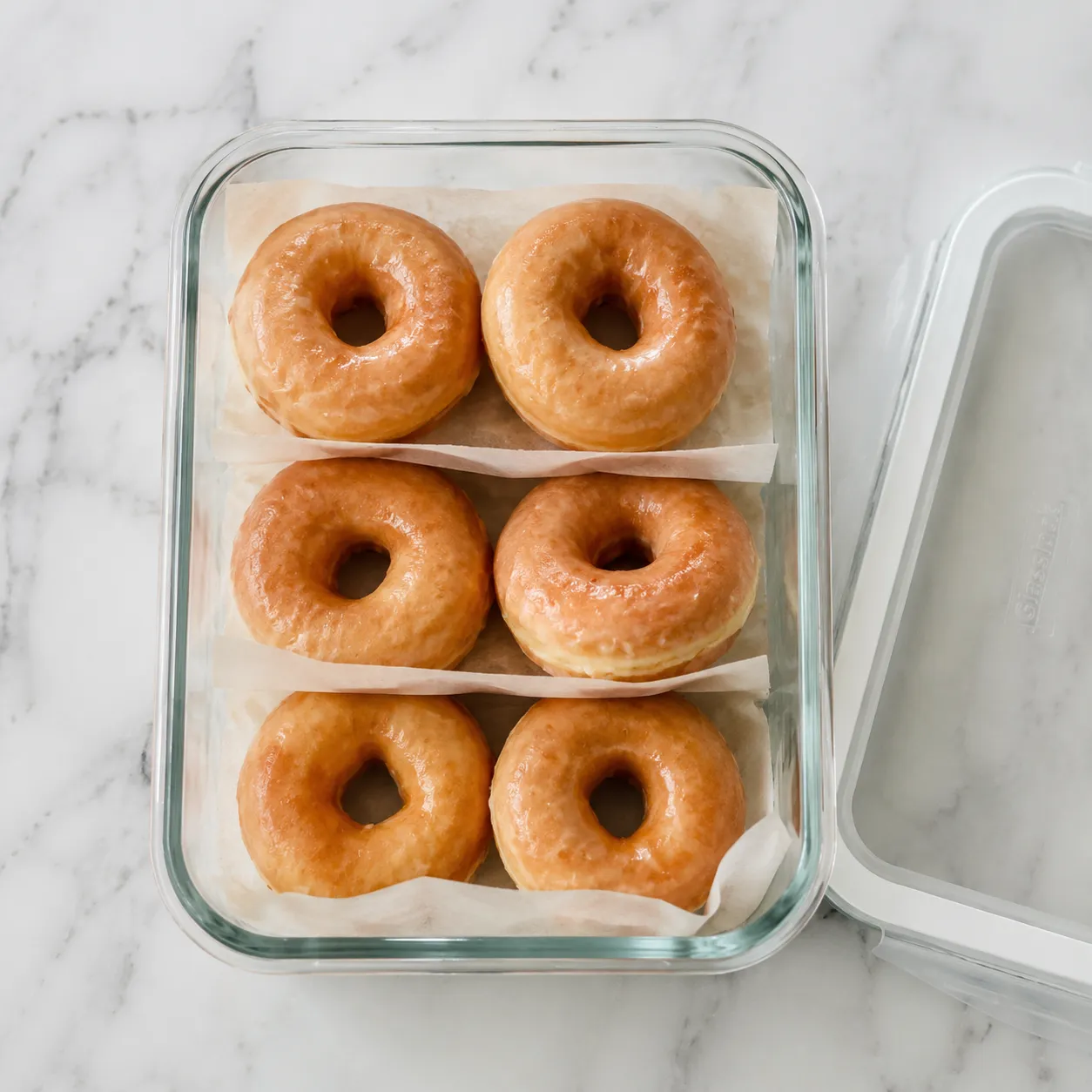 Storing homemade donuts in glass container with parchment layers