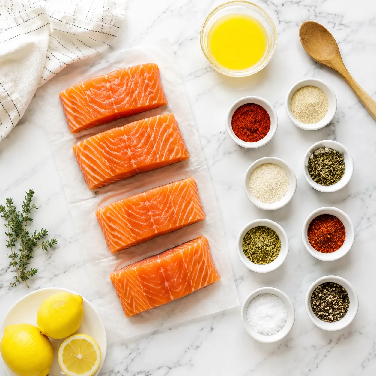 Blackened salmon ingredients flatlay with Cajun spices, butter, and salmon fillets