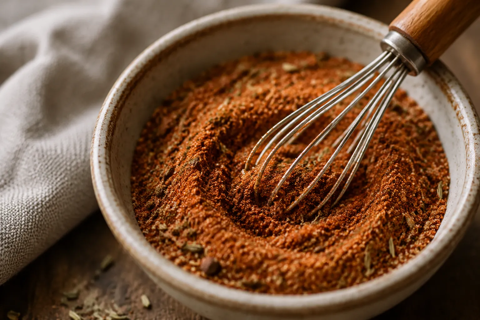 Homemade Cajun blackening seasoning being mixed in a small bowl