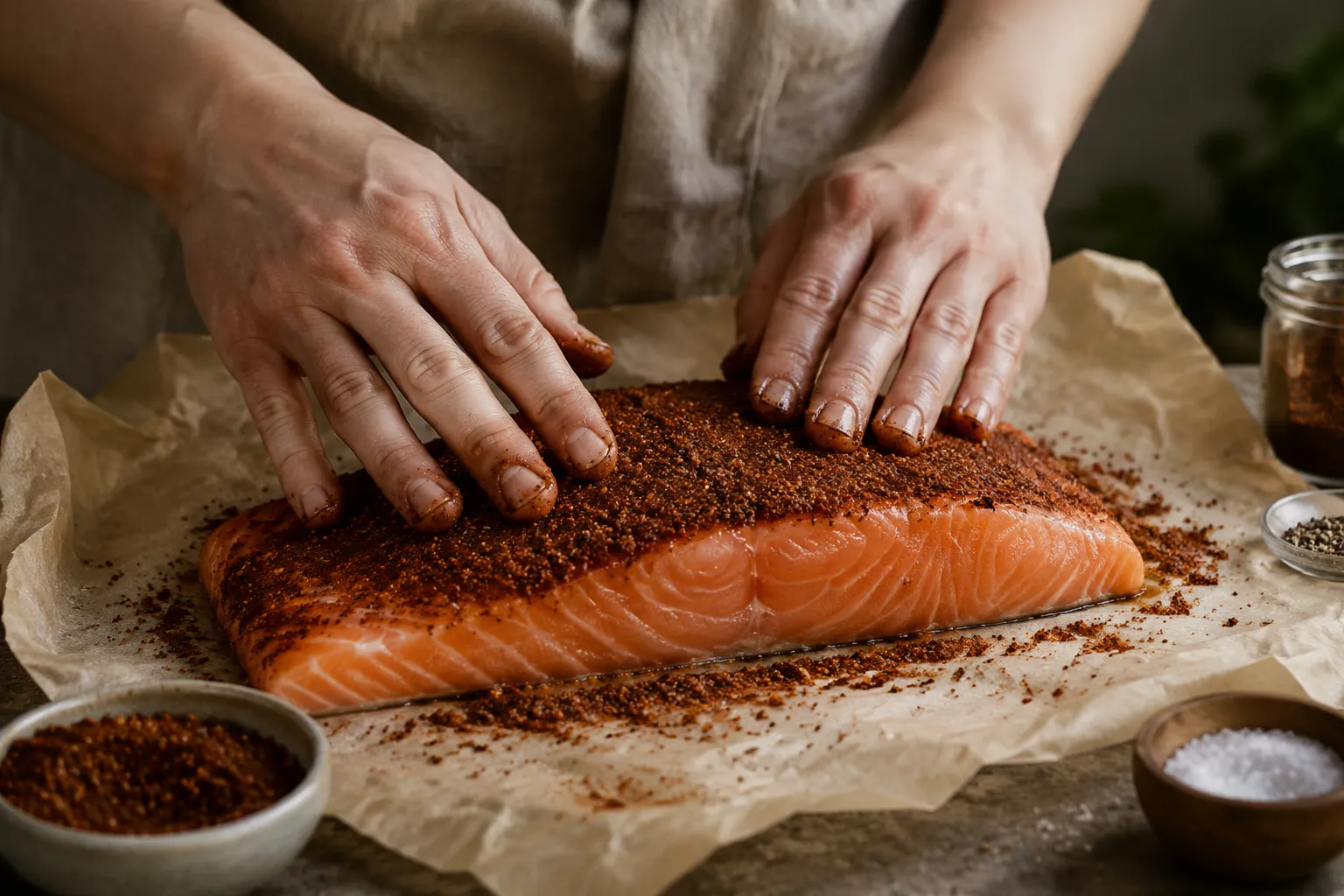 Hands rubbing blackening seasoning onto salmon fillet before searing