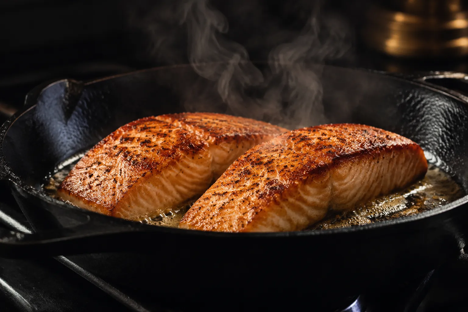 Blackened salmon searing in a cast-iron skillet with bubbling butter
