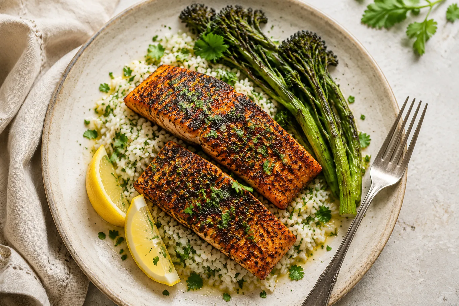 Plated blackened salmon recipe with cilantro lime rice and roasted broccolini