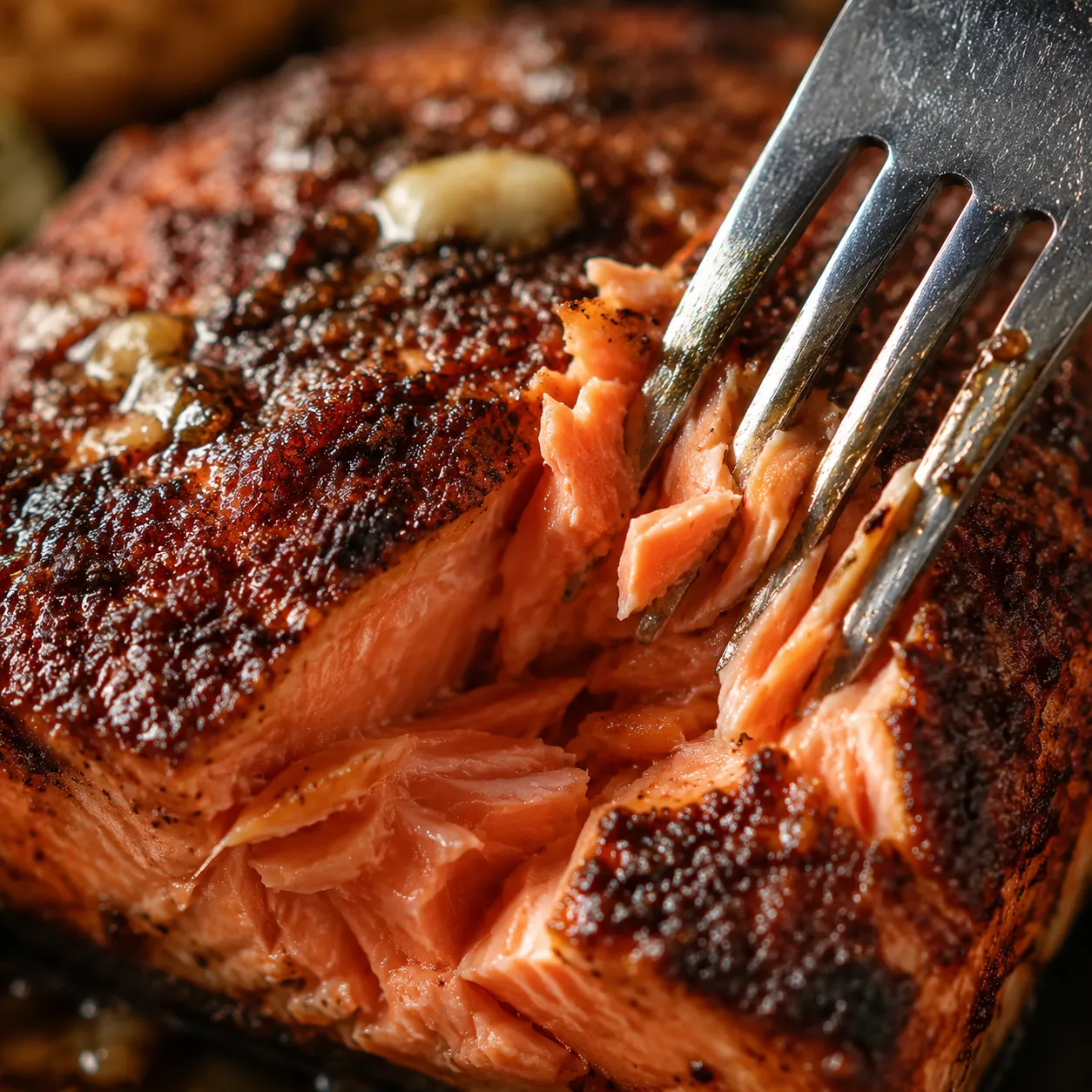 Close-up of flaky blackened salmon interior with crispy Cajun crust