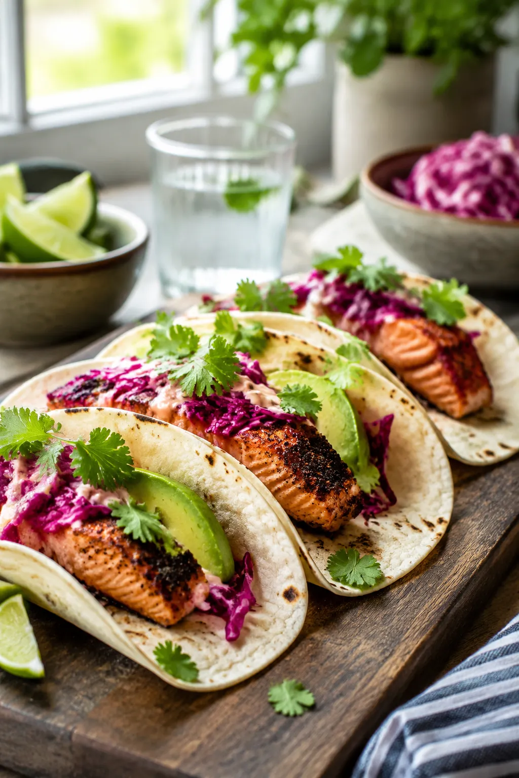Blackened salmon tacos with slaw and avocado as a leftover serving idea