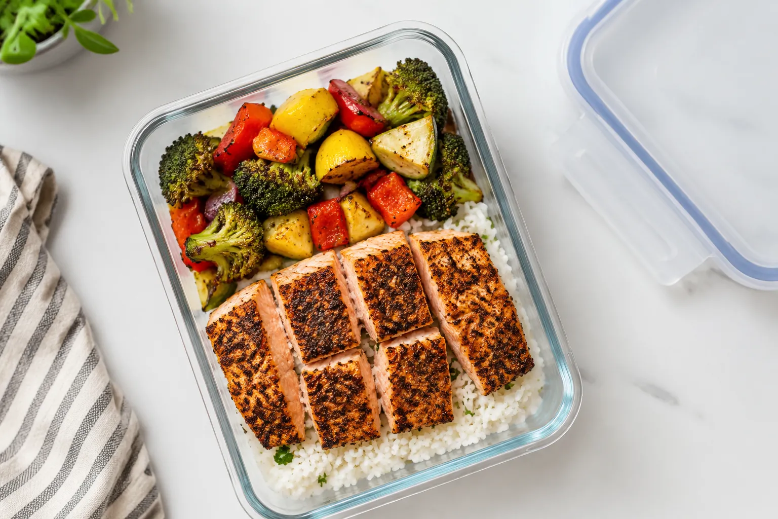Leftover blackened salmon stored in glass meal-prep container with rice