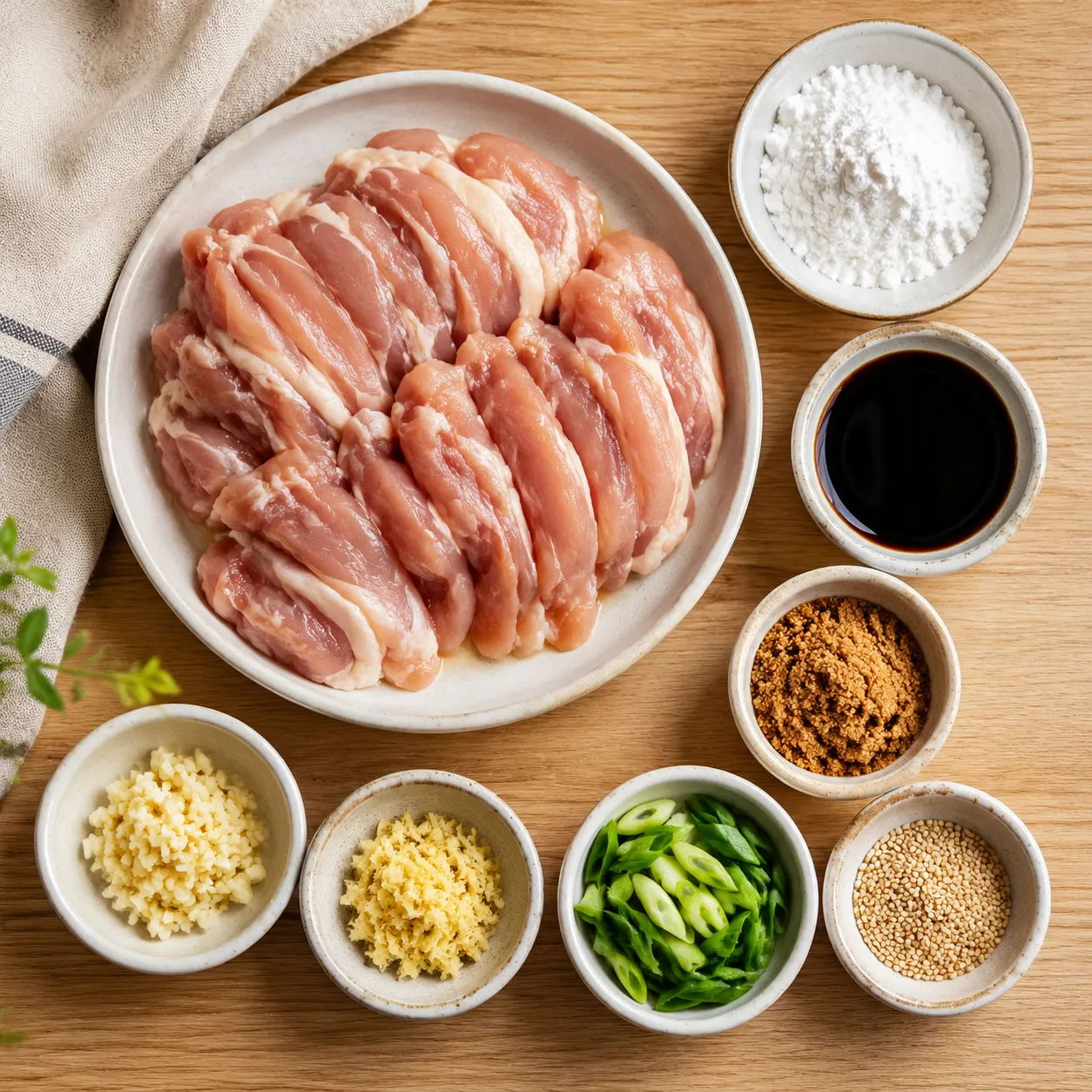Mongolian chicken ingredients flatlay with soy sauce, brown sugar, garlic and ginger