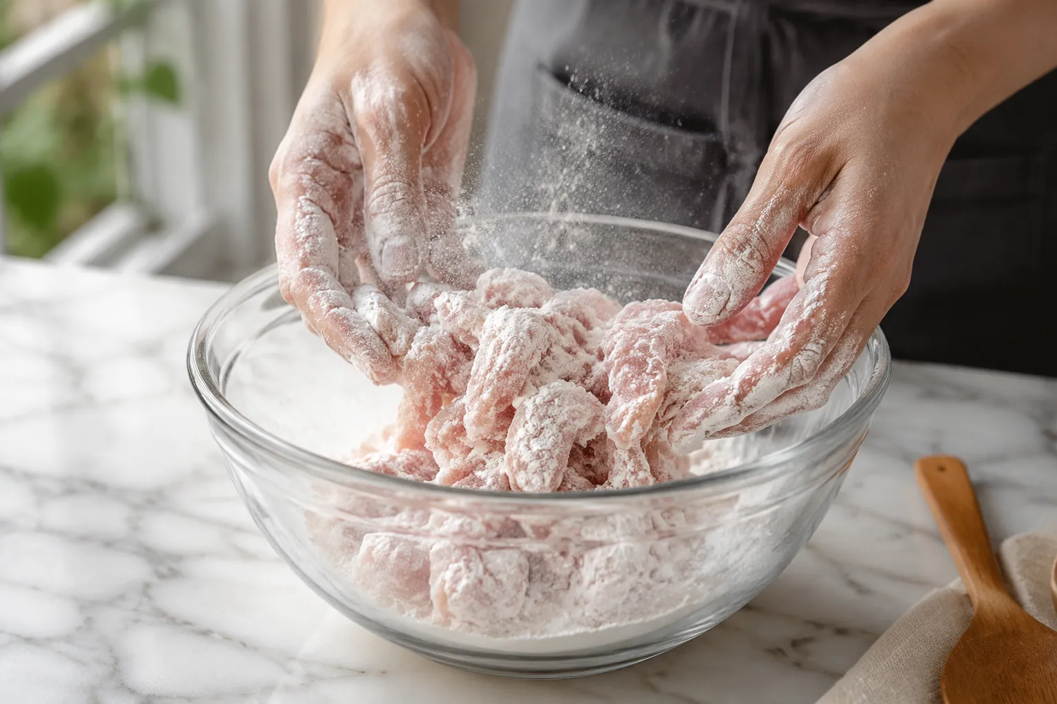 Coating sliced chicken in cornstarch for crispy Mongolian chicken