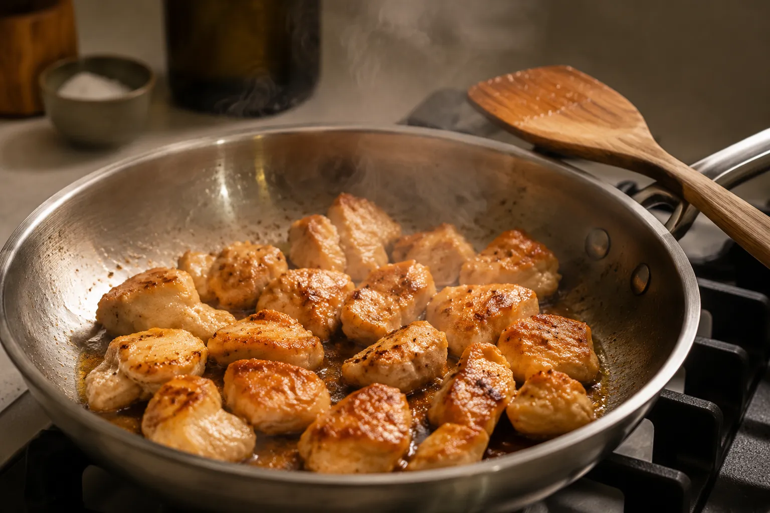 Crispy chicken pieces frying in a skillet for Mongolian chicken