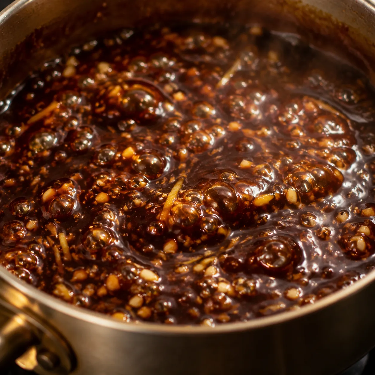 Glossy soy ginger garlic sauce simmering for Mongolian chicken