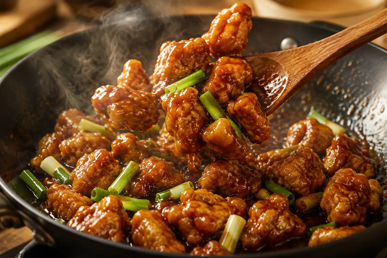 Tossing crispy chicken in Mongolian sauce with green onions