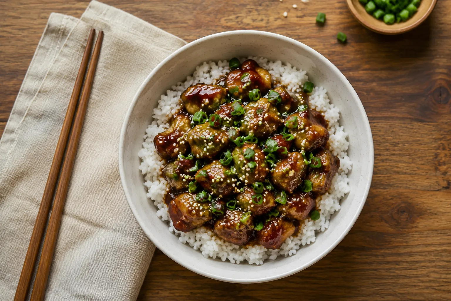 Mongolian chicken served over jasmine rice in a white bowl