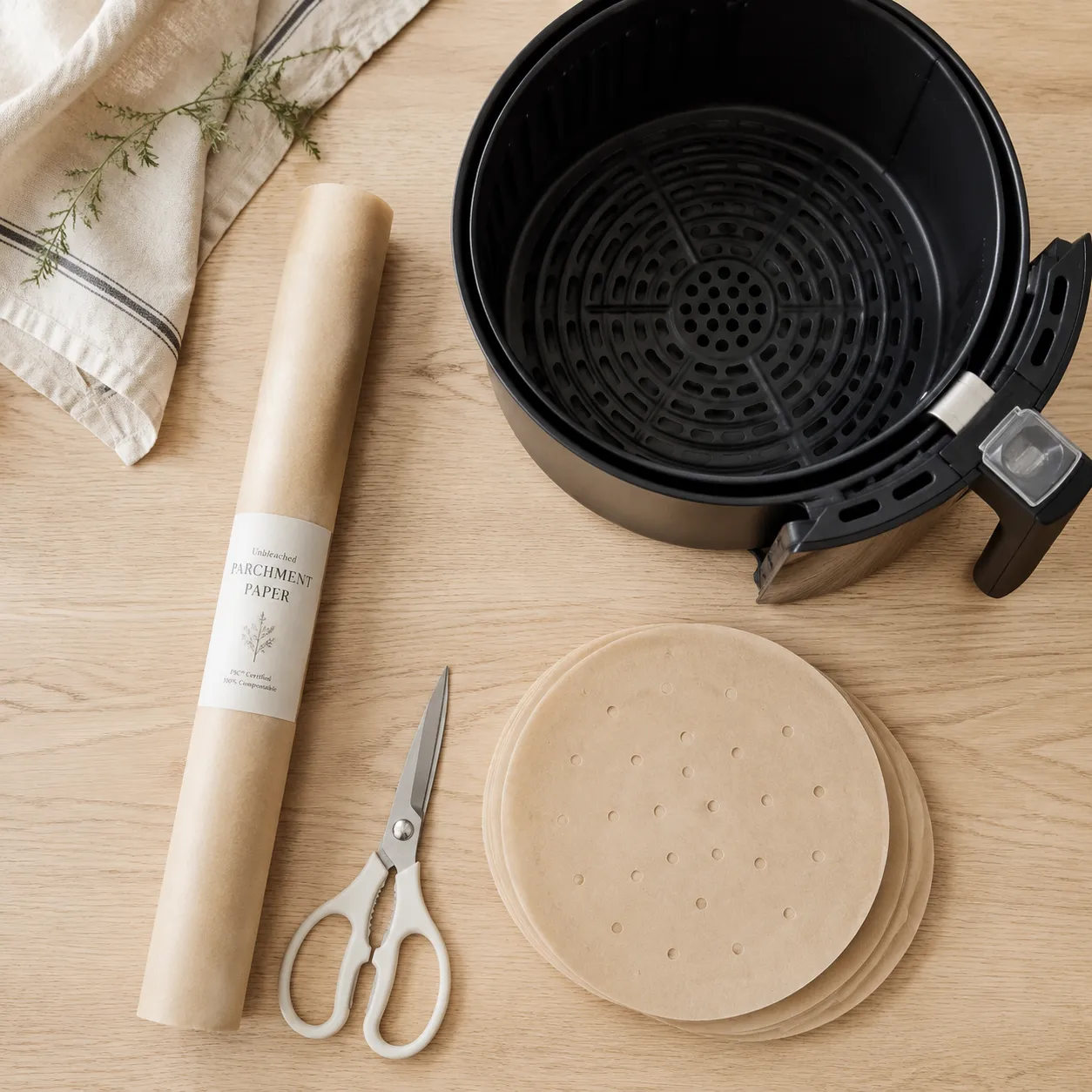 Air fryer parchment paper liners and scissors flatlay for sizing the basket