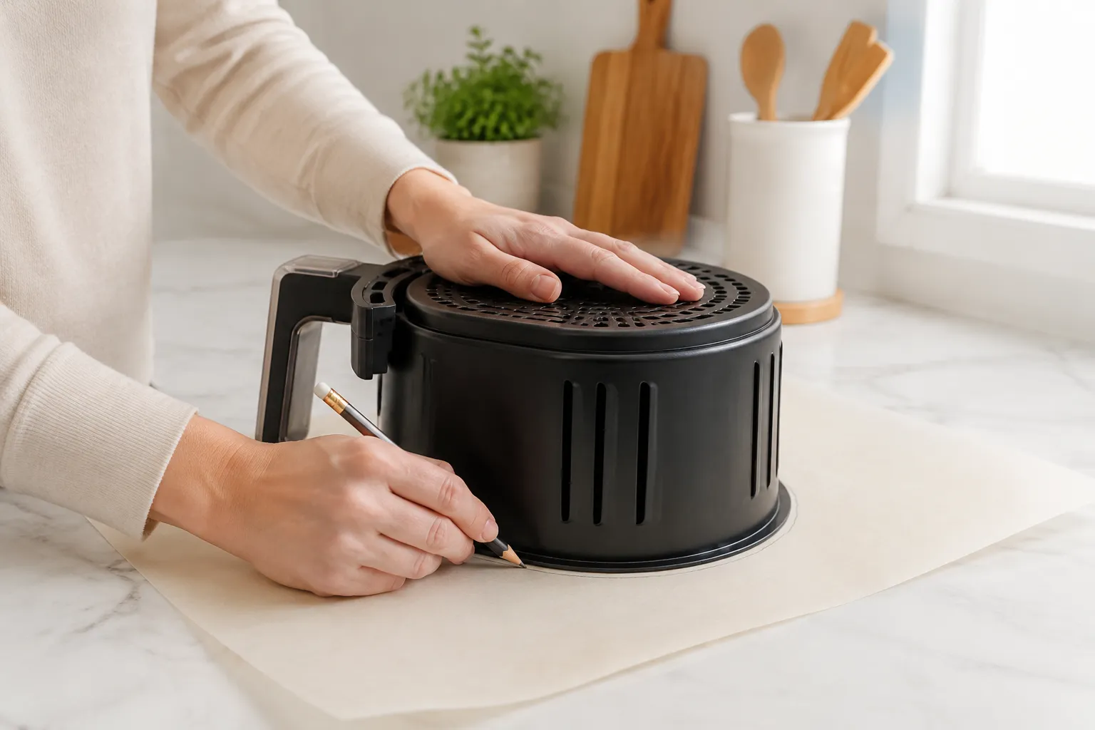 Tracing an air fryer basket onto parchment paper to cut a custom liner