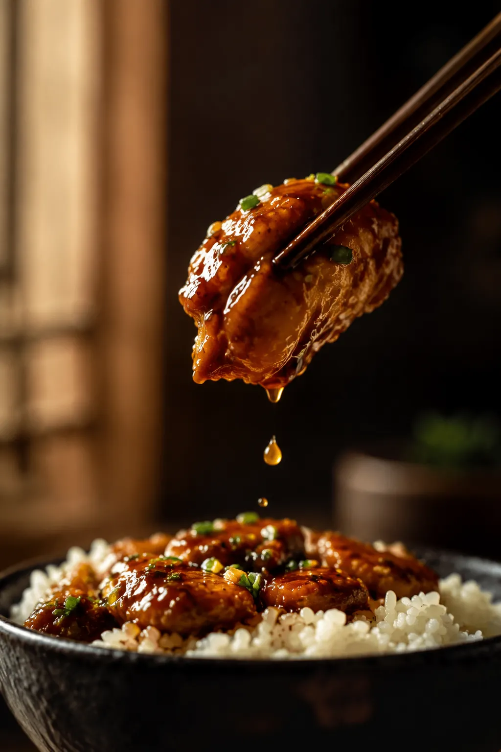 Chopsticks lifting a saucy bite of Mongolian chicken over rice