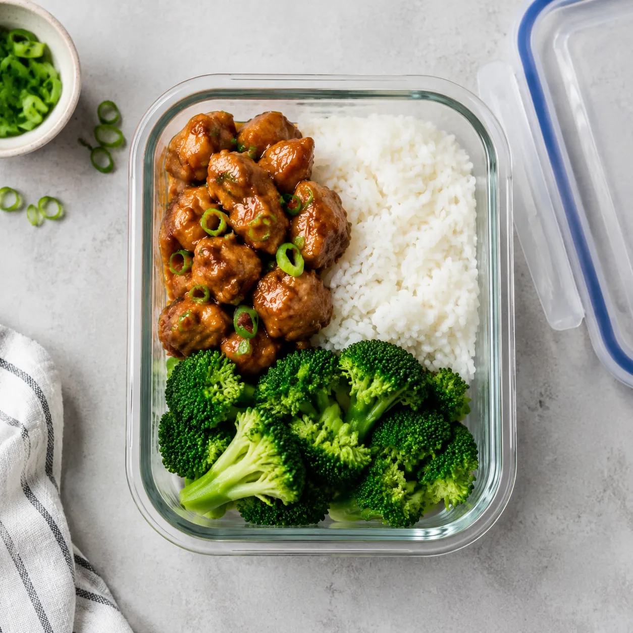 Mongolian chicken meal prep with rice and broccoli in a glass container