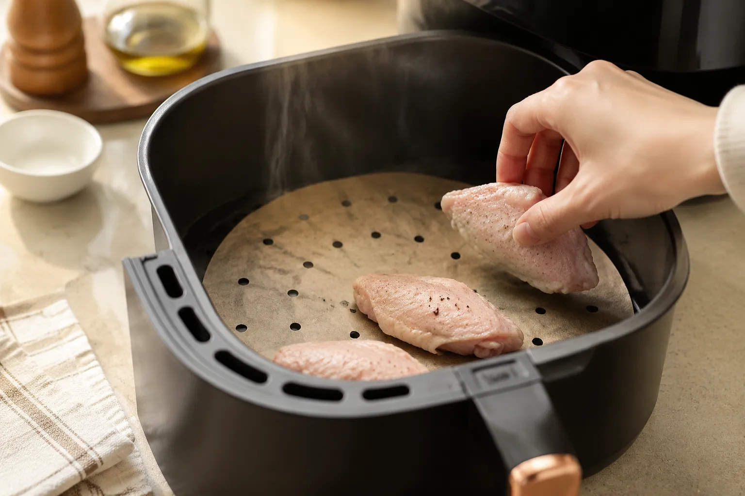 Placing parchment paper in air fryer basket and weighing it down with wings