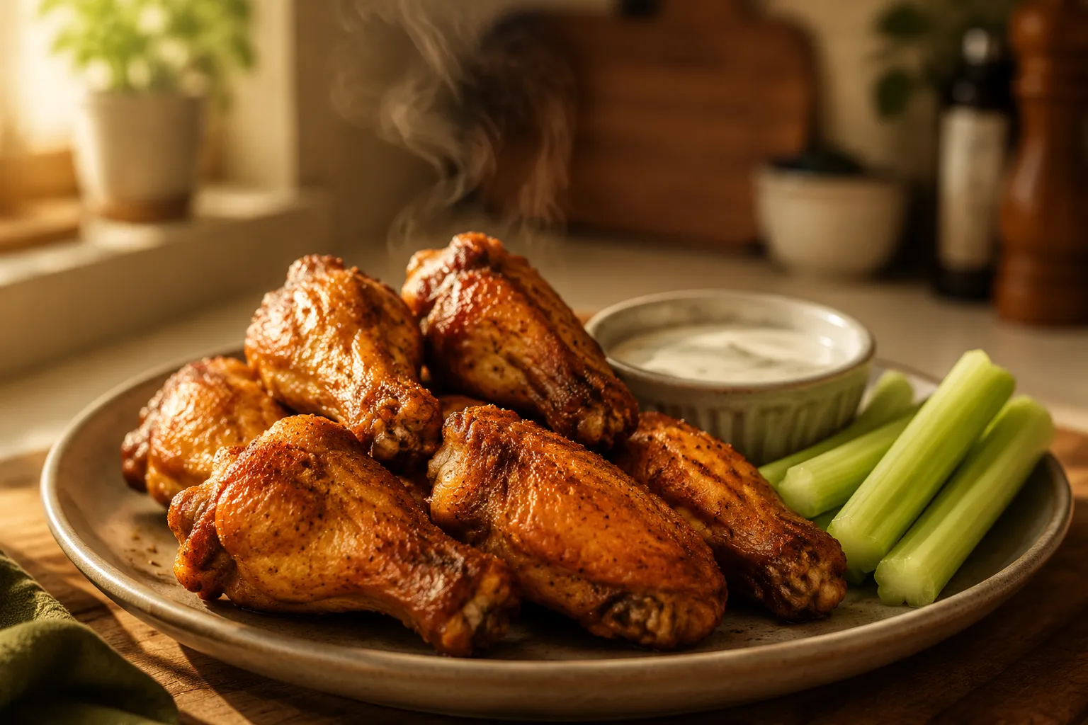 Serving crispy wings cooked on parchment paper in the air fryer
