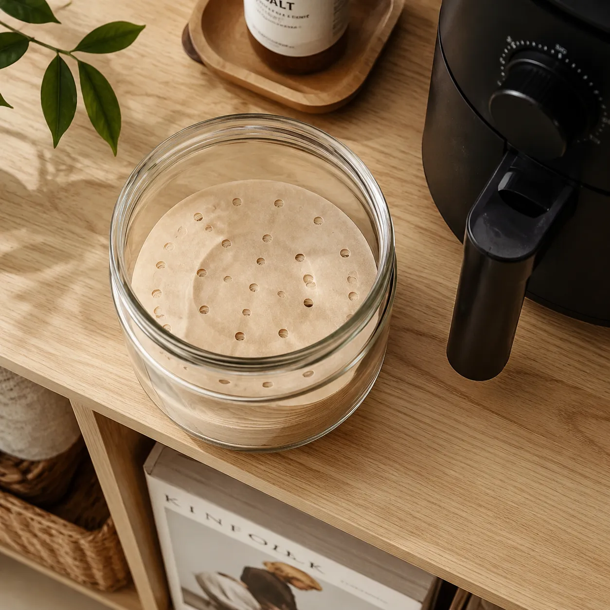 Storing pre-cut parchment paper rounds for the air fryer in a glass jar