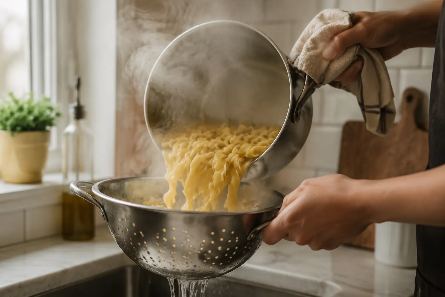 Draining egg noodles for noodle kugel