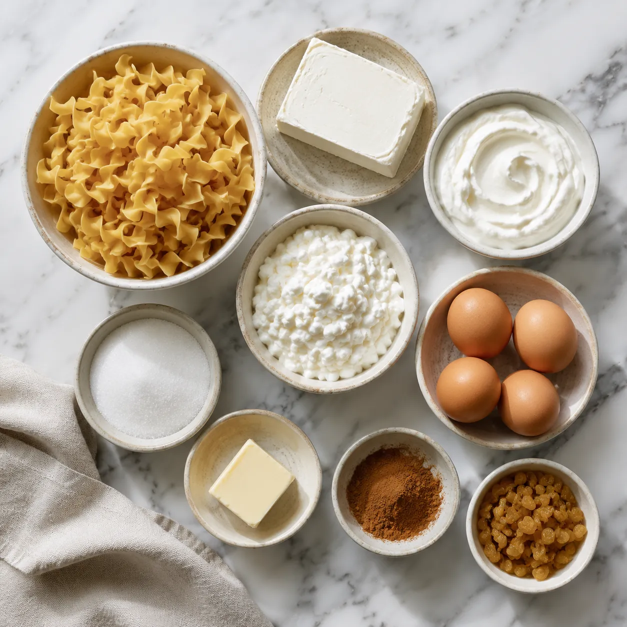 Noodle kugel ingredients flatlay with egg noodles and dairy