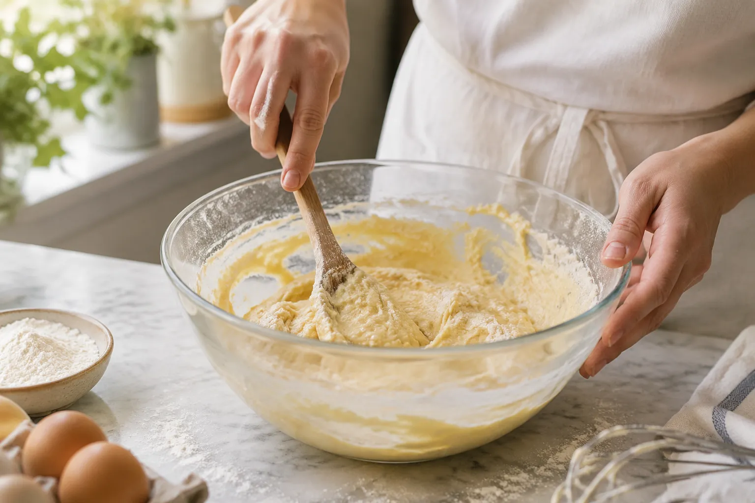 Mixing mini muffin batter in a glass bowl