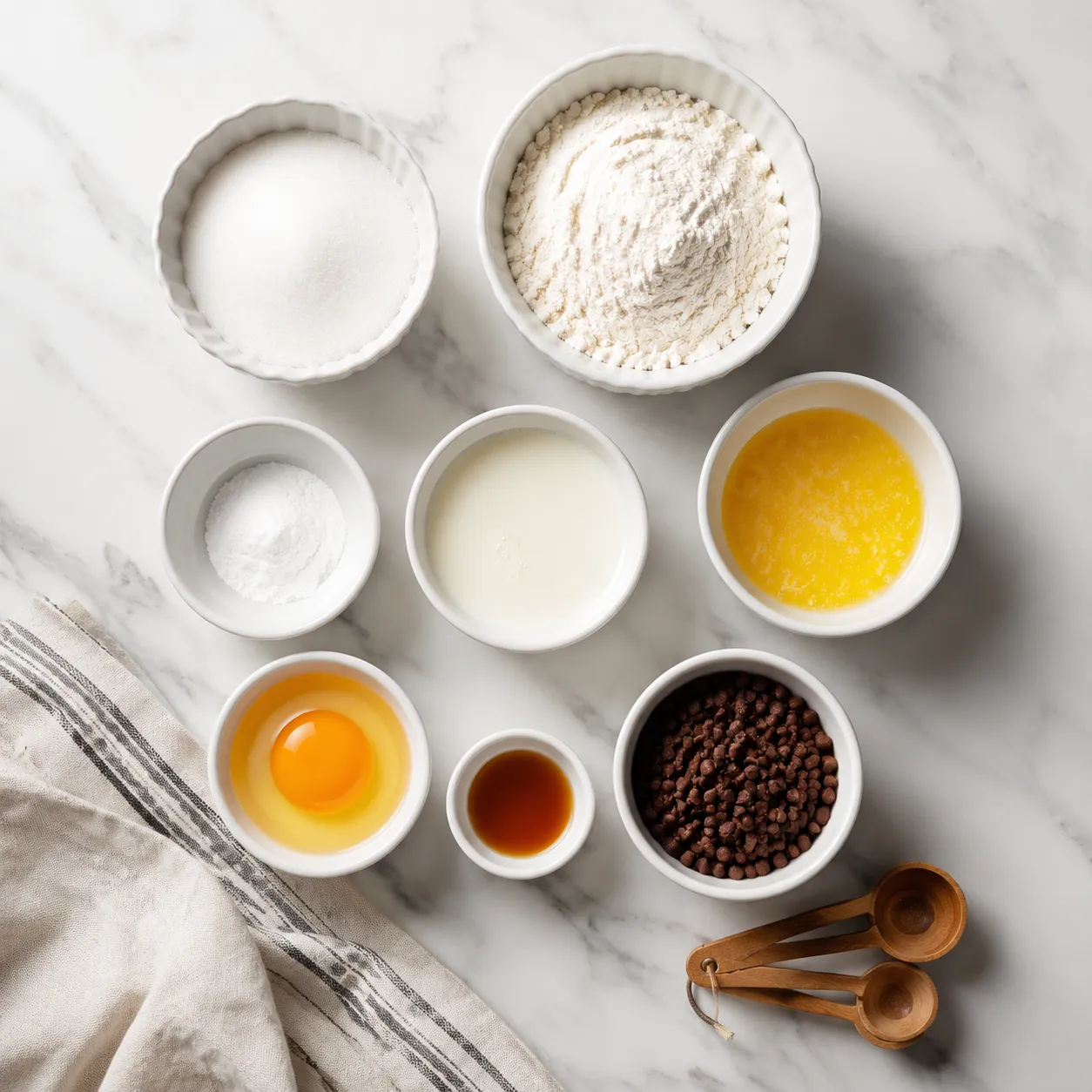 Mini muffin recipe ingredients measured in bowls flatlay