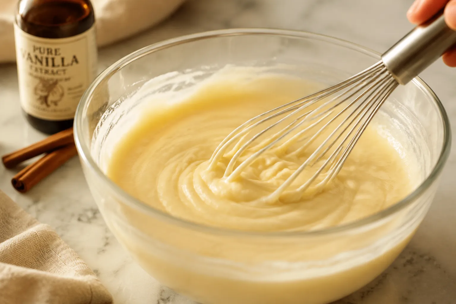 Whisking kugel custard with eggs and cream cheese