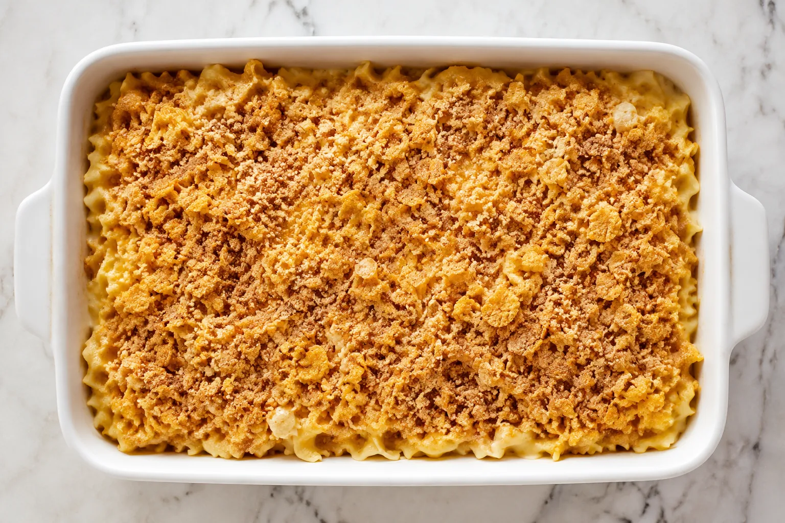 Unbaked noodle kugel topped with cinnamon sugar