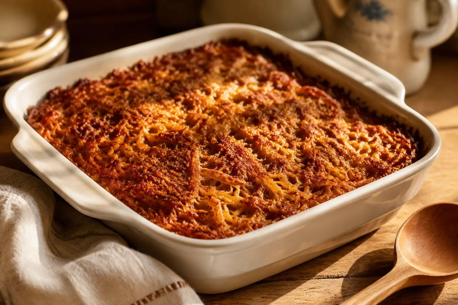 Baked kugel with golden brown crackly cinnamon top