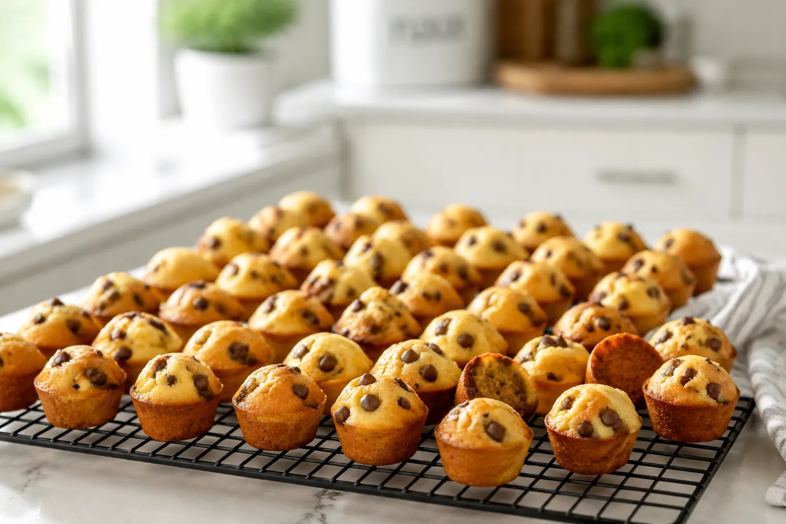 Freshly baked mini muffins cooling on a wire rack