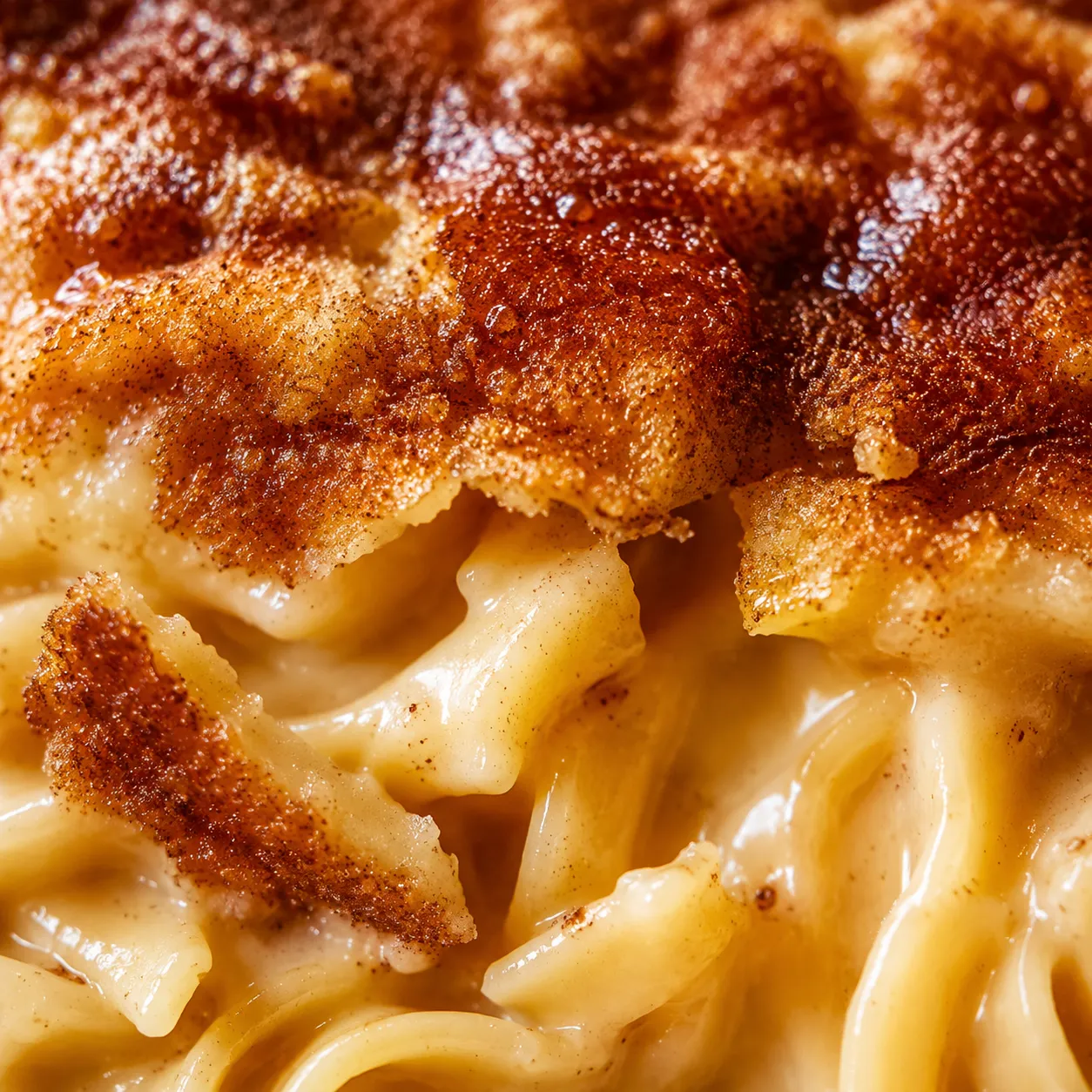 Close-up macro of creamy noodle kugel interior texture