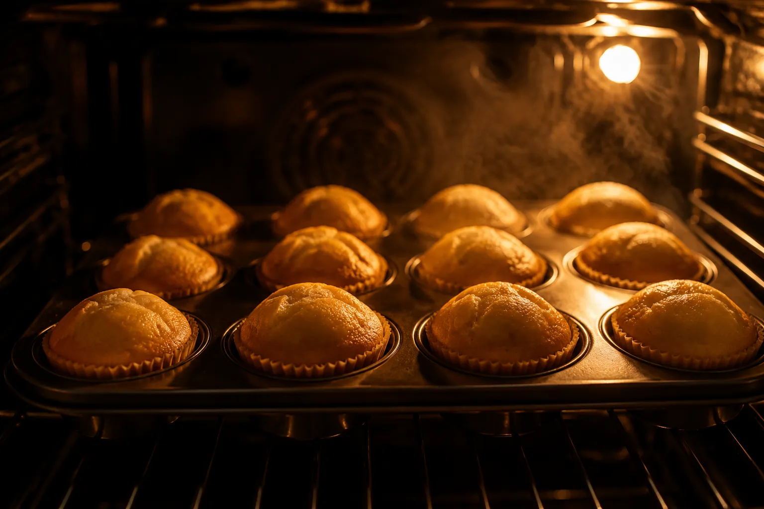 Mini muffins baking with golden domed tops in the oven