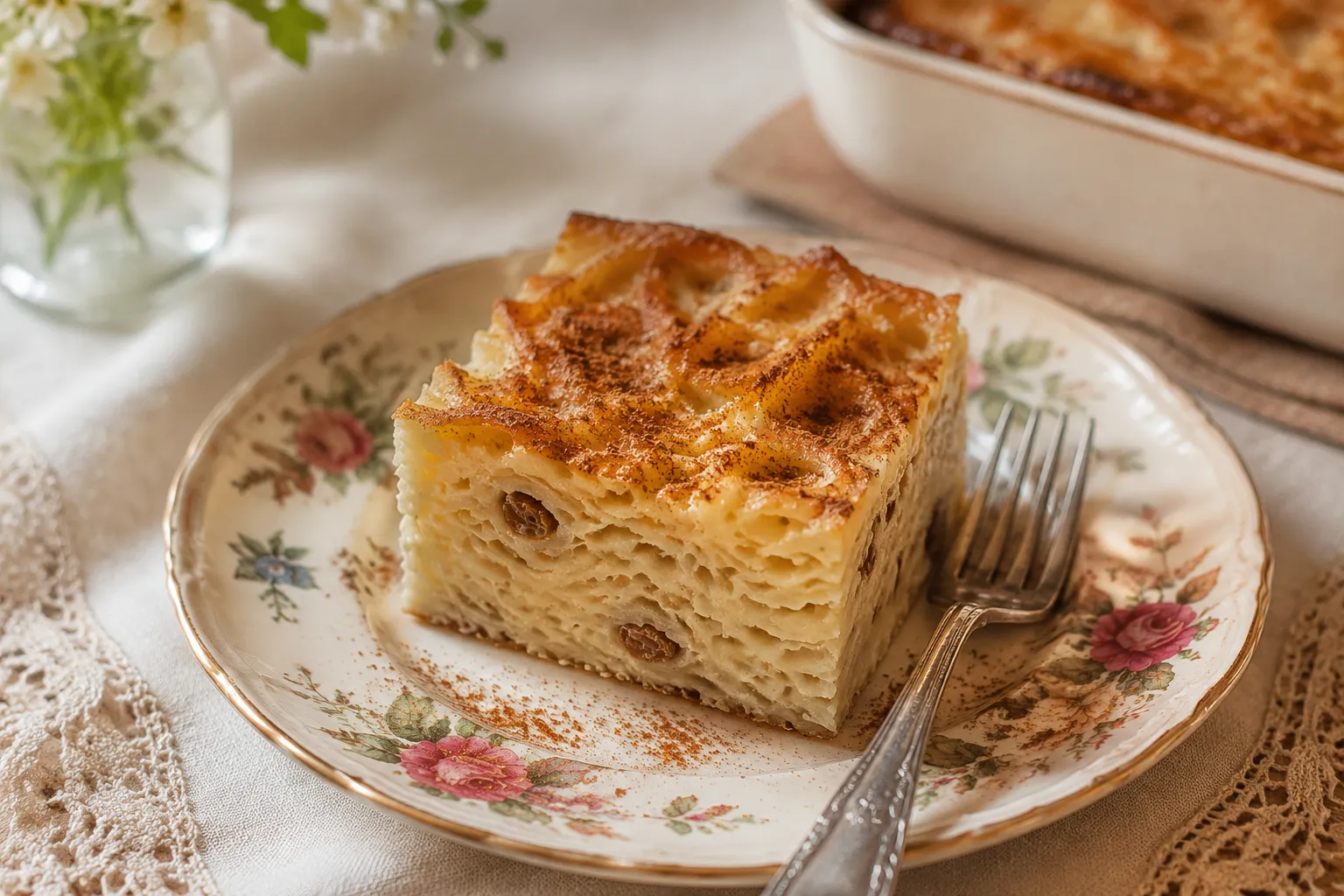 Slice of sweet noodle kugel served on a vintage plate