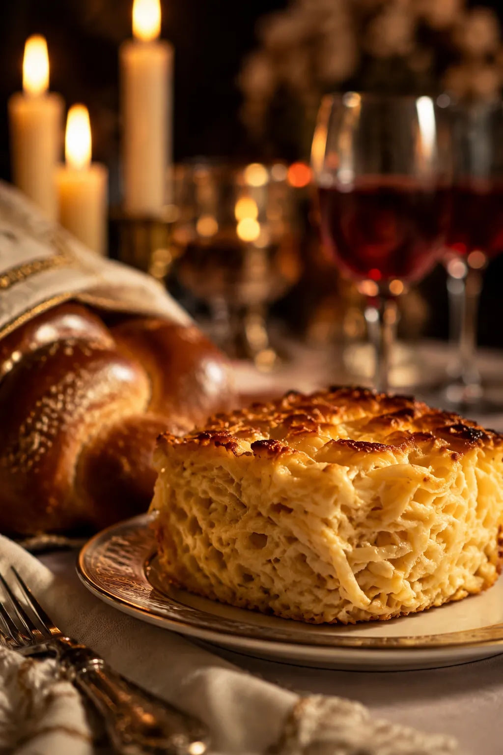 Noodle kugel on a Jewish holiday dinner table
