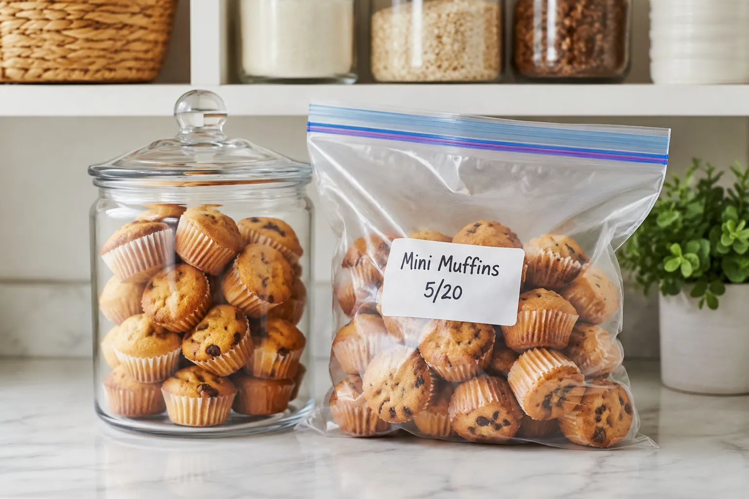 Storing and freezing mini muffins in a jar and freezer bag