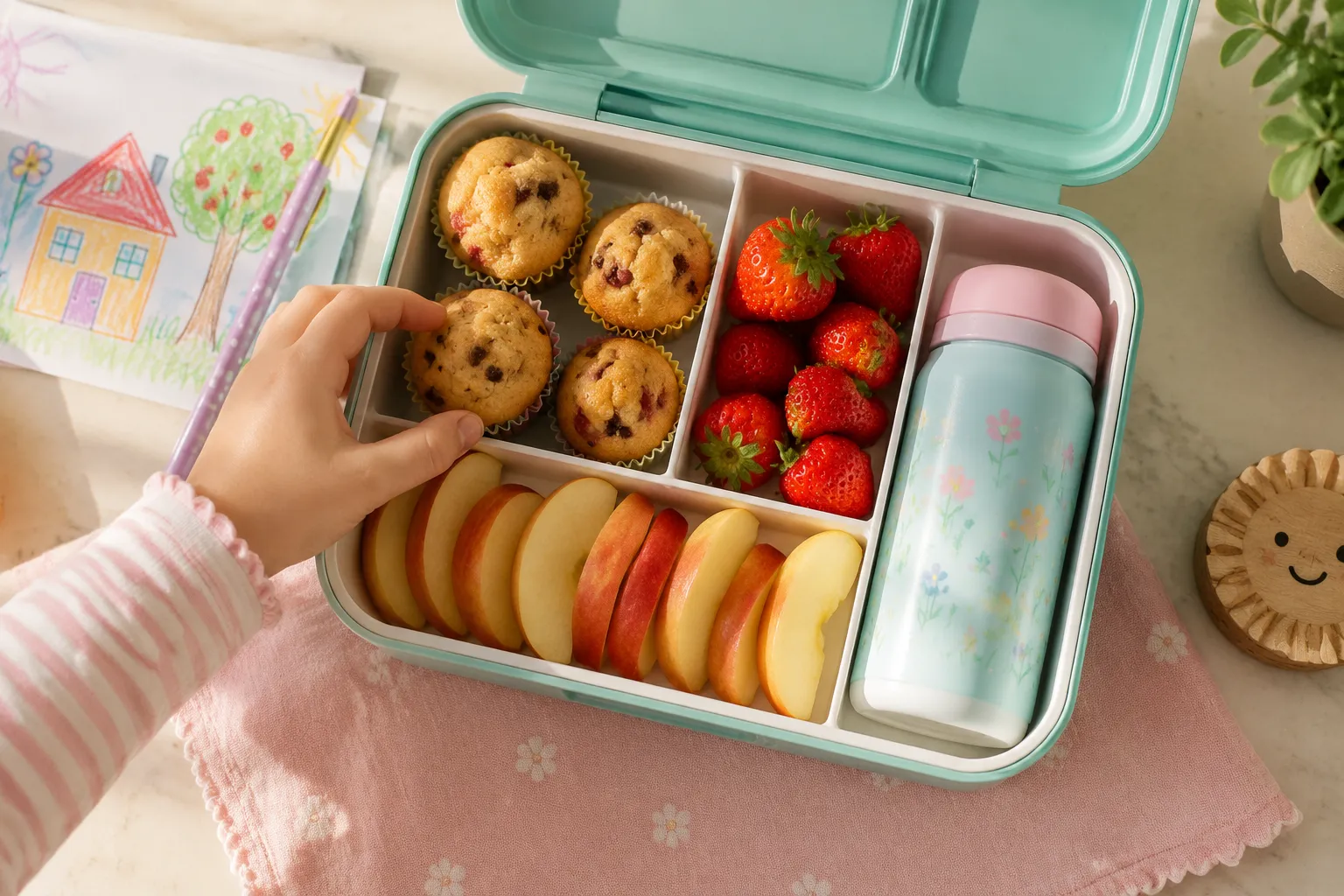 Mini muffins packed in a kids lunchbox with fresh fruit