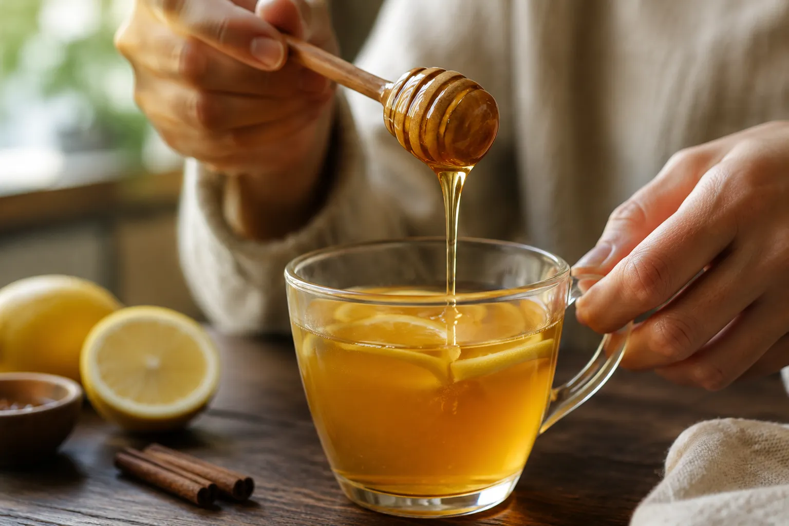 Adding honey to a glass mug for hot whisky toddy