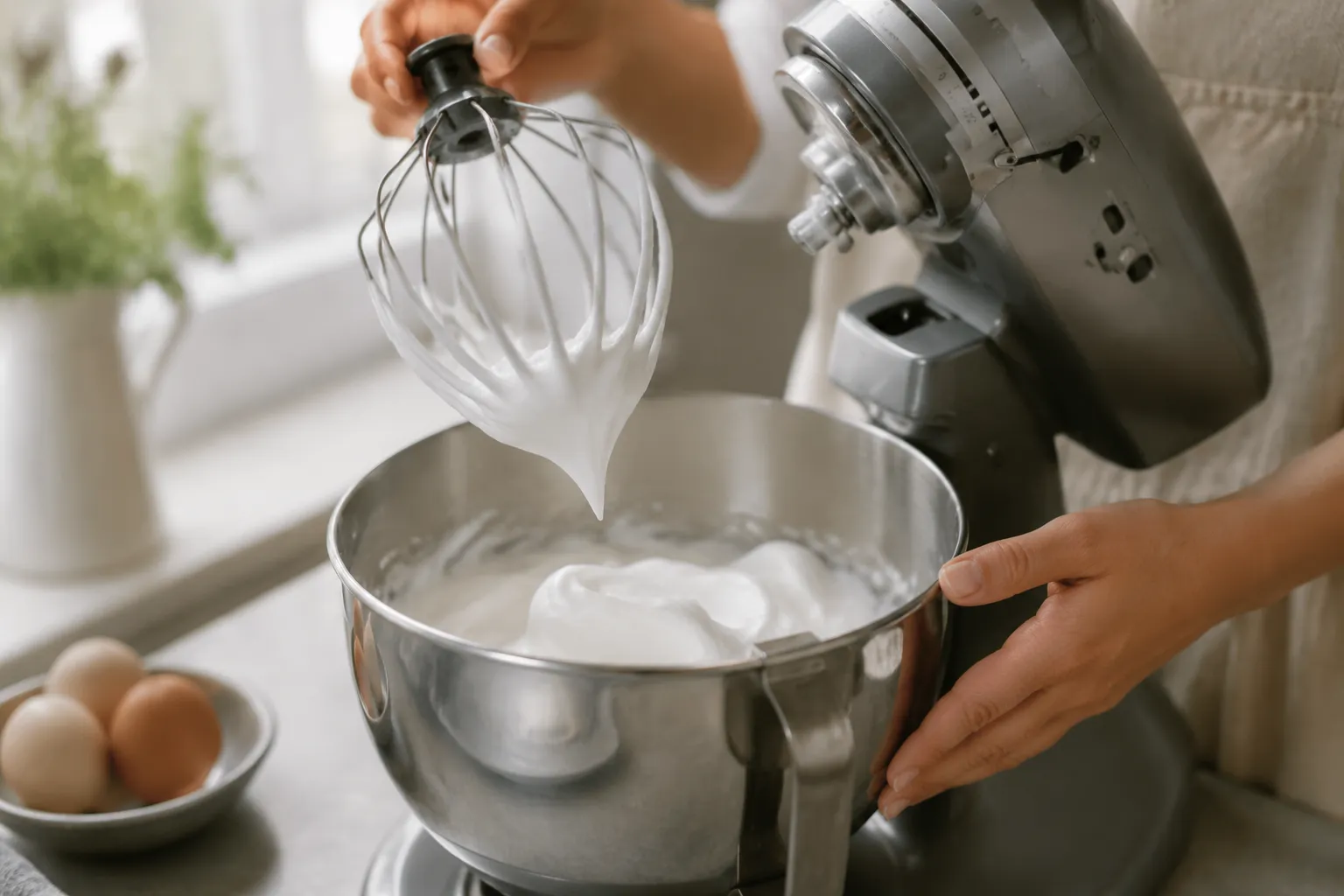 Whipping egg whites to soft peaks for meringue recipe