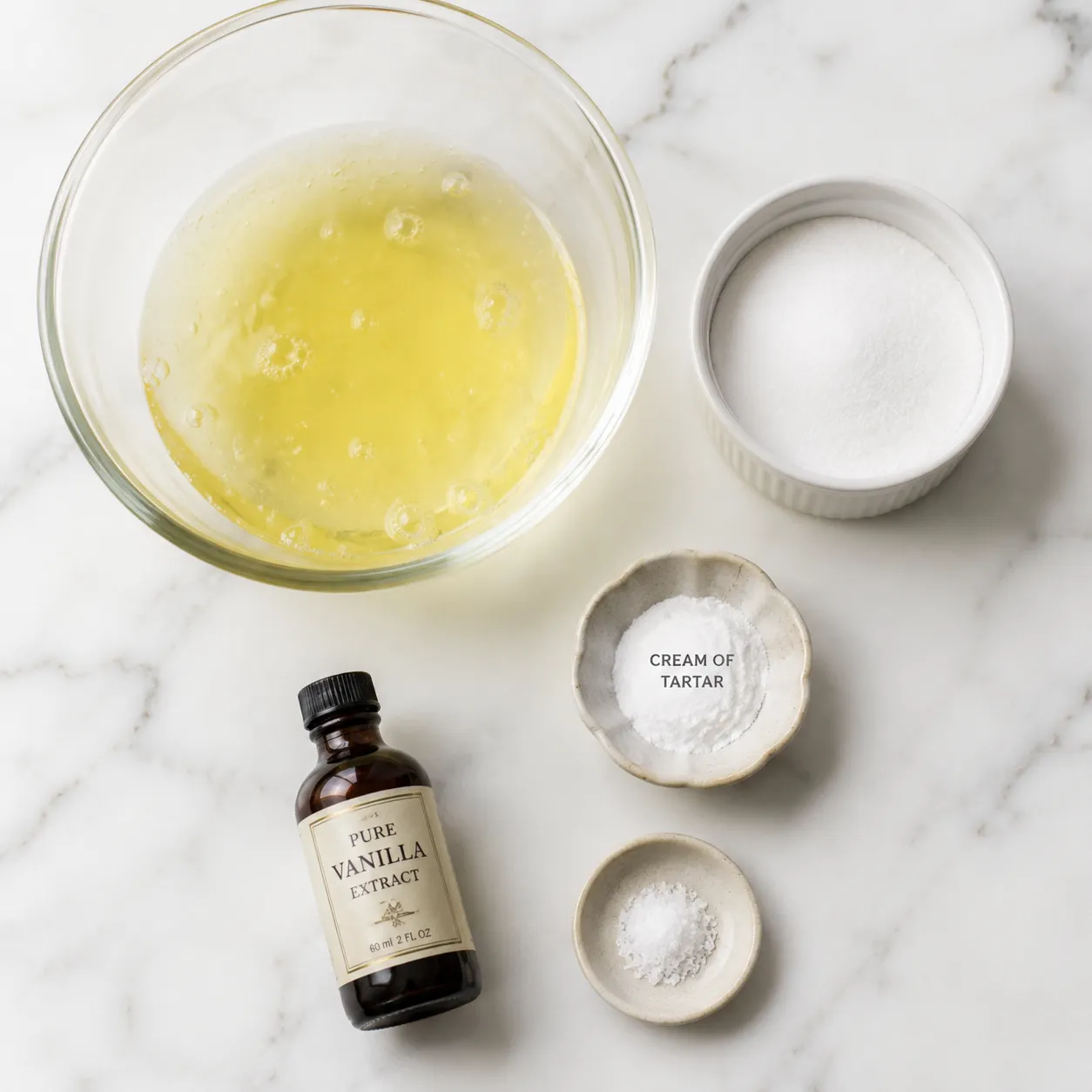 Meringue recipe ingredients flatlay with egg whites and sugar