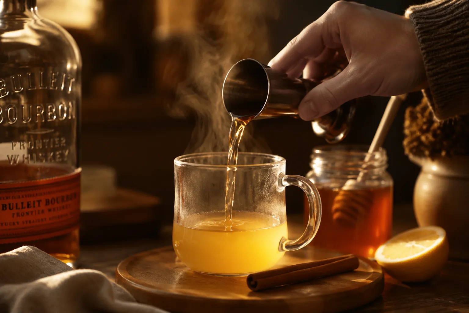 Pouring bourbon into hot whisky toddy