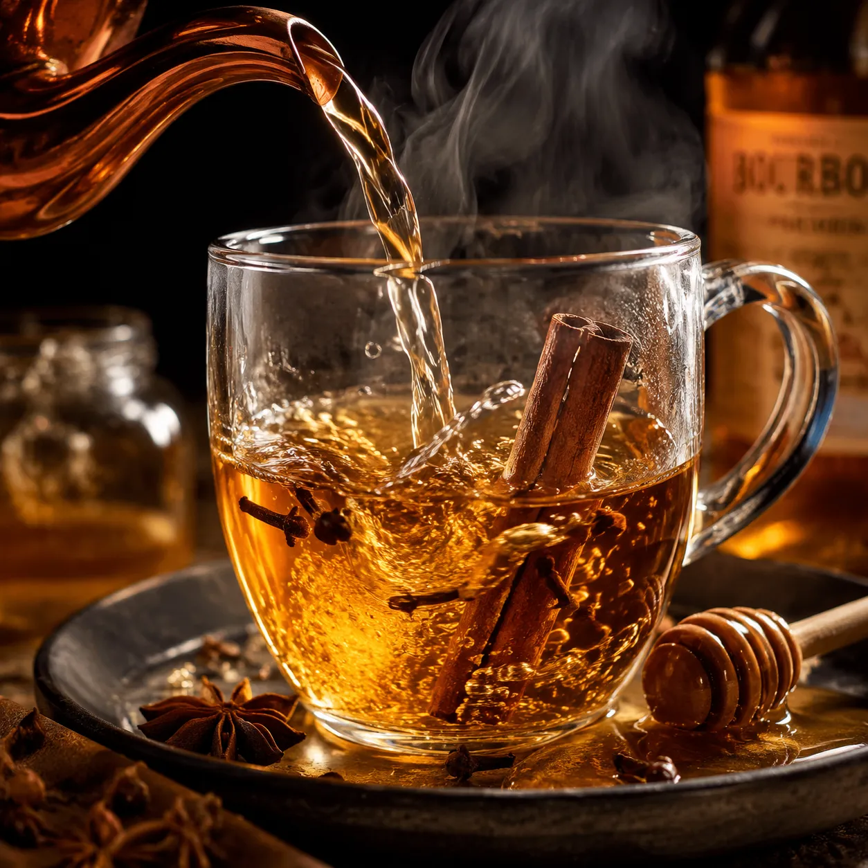 Pouring hot water into a hot whisky toddy with spices