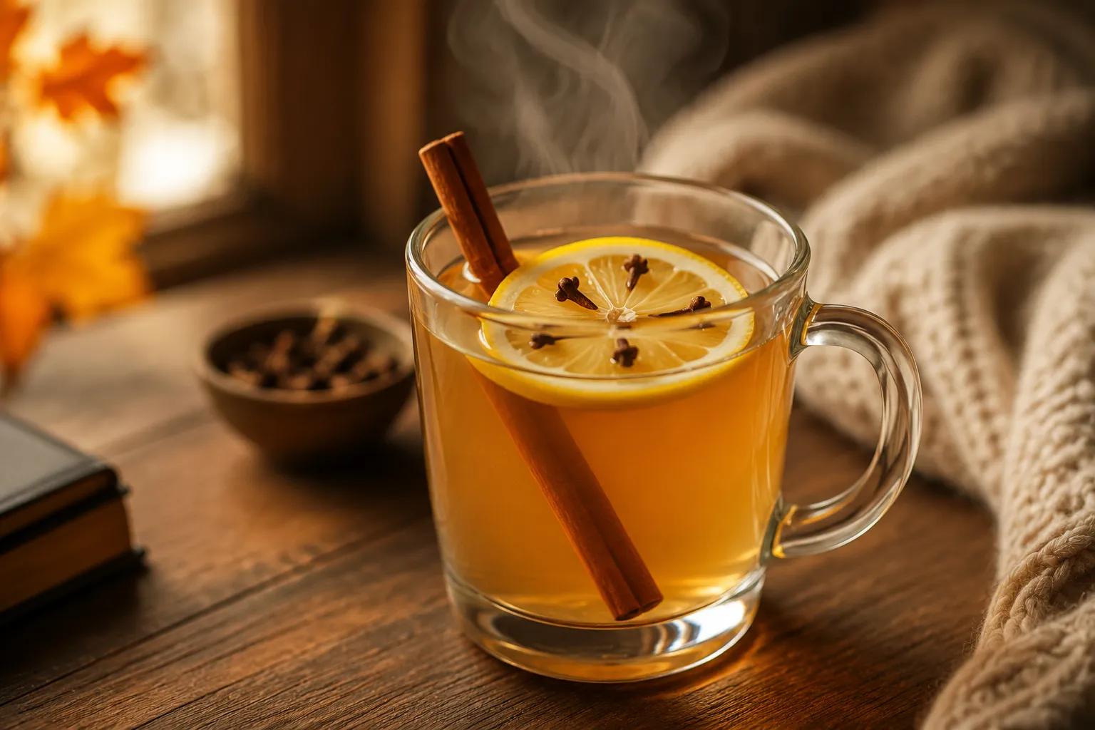 Finished hot whisky toddy garnished with lemon and cinnamon