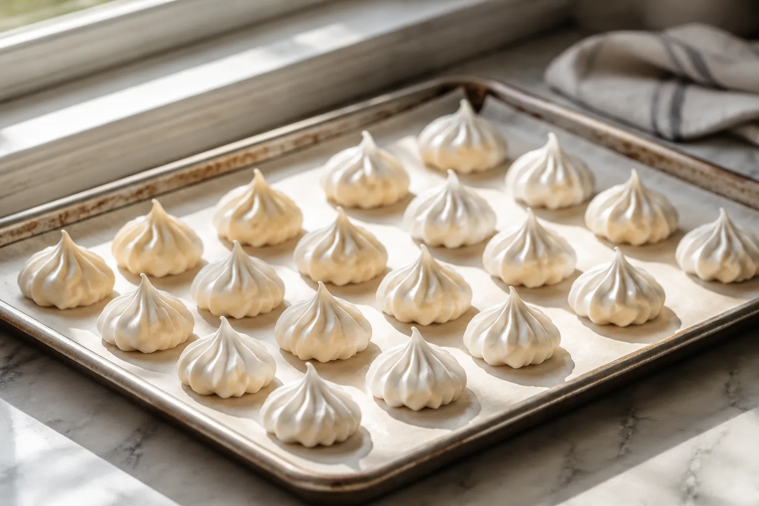 Baked meringue recipe cookies on parchment sheet